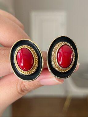 Authentic Vintage YSL Oval Red Glass Cabochon Black Enamel Gold Clip-On Earrings